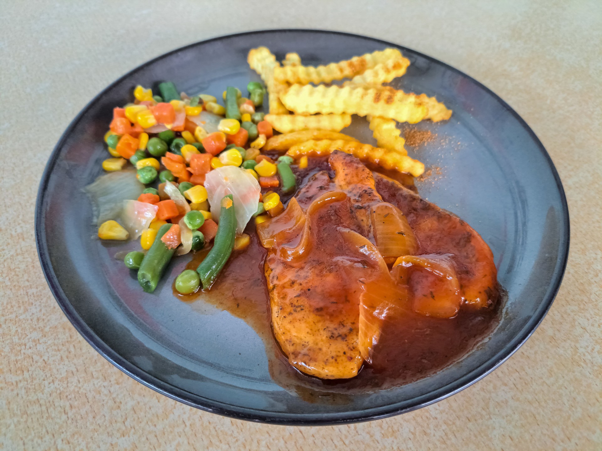 Smoky Barbecue Chicken With Grilled Chicken Breast With Barbeque Sauce Served With French Fries And Mix Veggie. Food Menu.