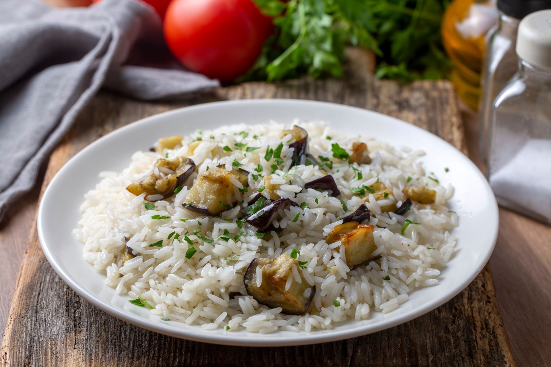 Traditional Turkish food; Eggplant rice pilaf. Turkish name; Patlicanli pirinc pilavi